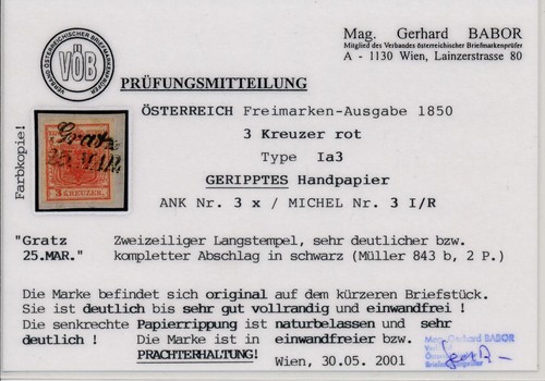 österreich 1850 3kr rot hp - Österreich, 3kr,